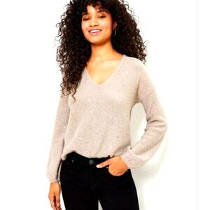 LOFT Sequin V-Neck Sweater Taupe / Sand Color Gold Sequins Sz Small